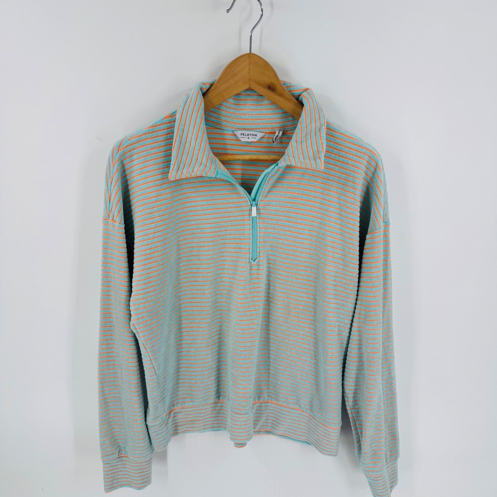 Peloton Organic Cotton Terry Cloth Quarter Zip Striped Pullover Turquoise Size M